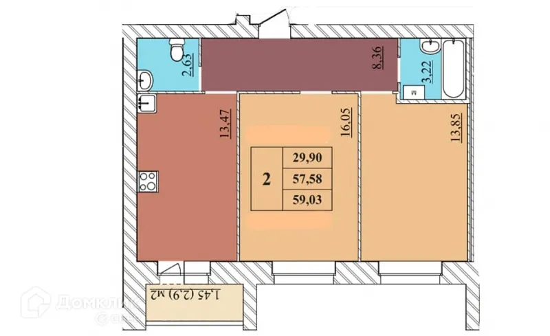 Планировка 2-комнатной квартиры 59.03 м² в ЖК "Идиллия", г. Ярославль — фото 1