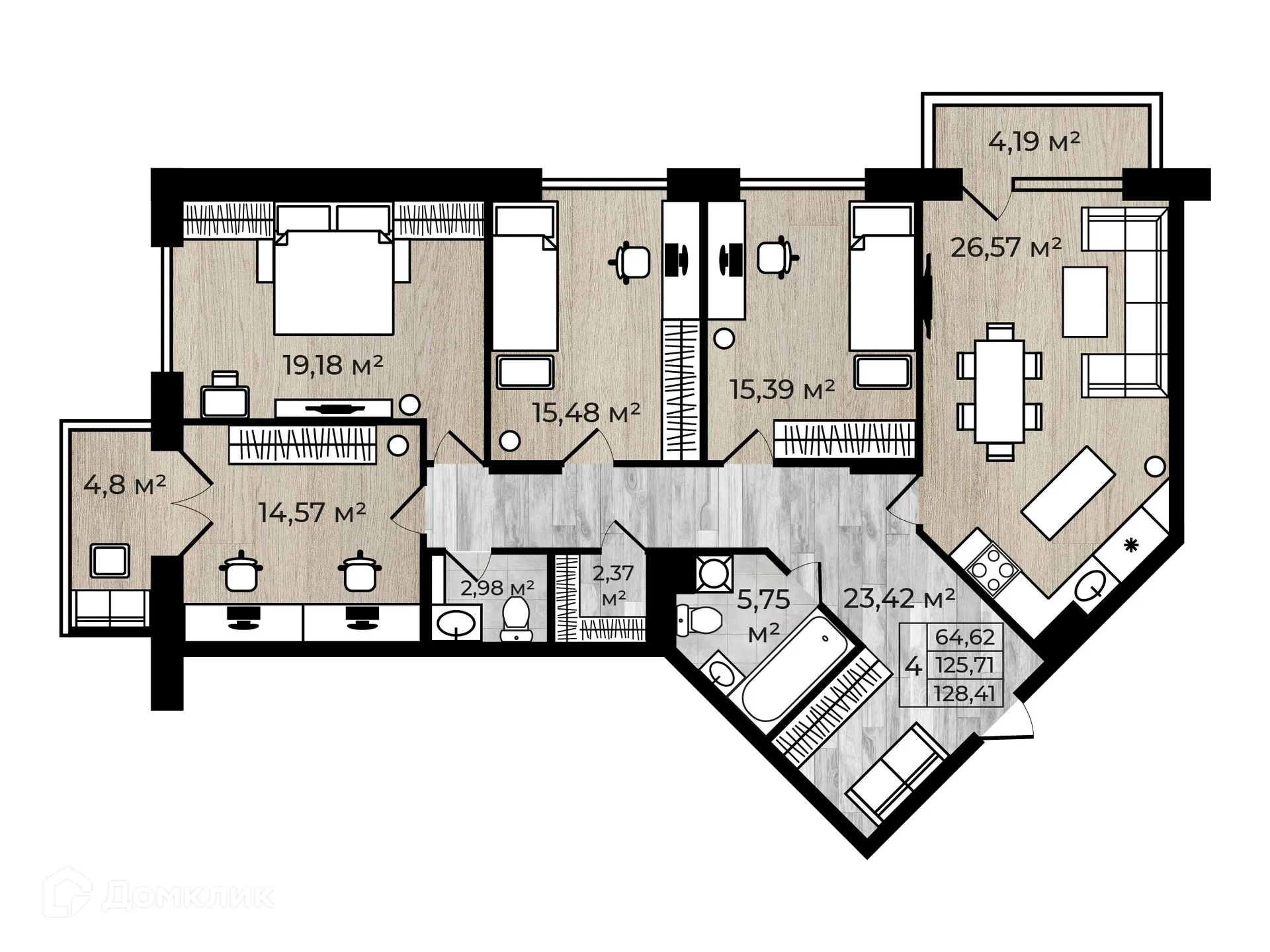 Планировка 4-комнатной квартиры 128.41 м² в ЖК Дом у Реки, г. Ярославль — фото 1