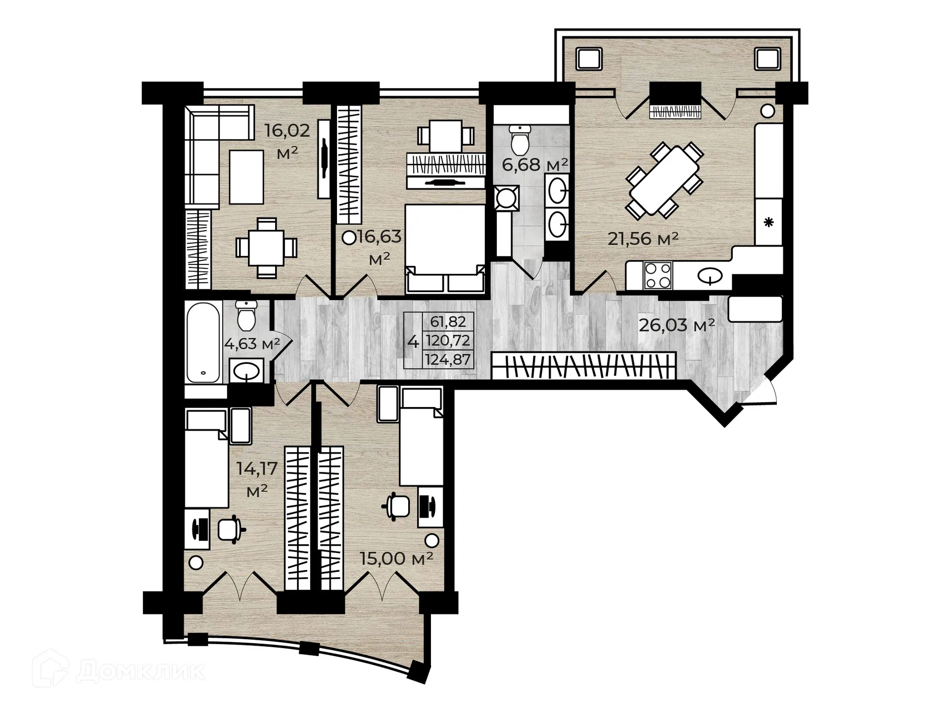 Планировка 4-комнатной квартиры 124.87 м² в ЖК Дом у Реки, г. Ярославль — фото 1