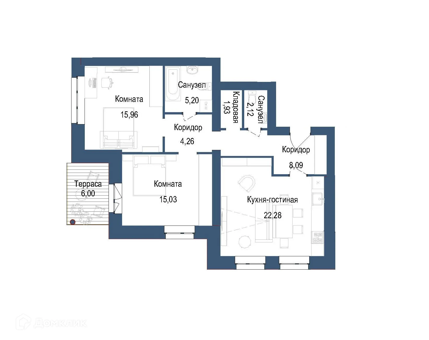 Планировка 2-комнатной квартиры 76.67 м² в ЖК на ул. Мамонтова, г. Ярославль — фото 1