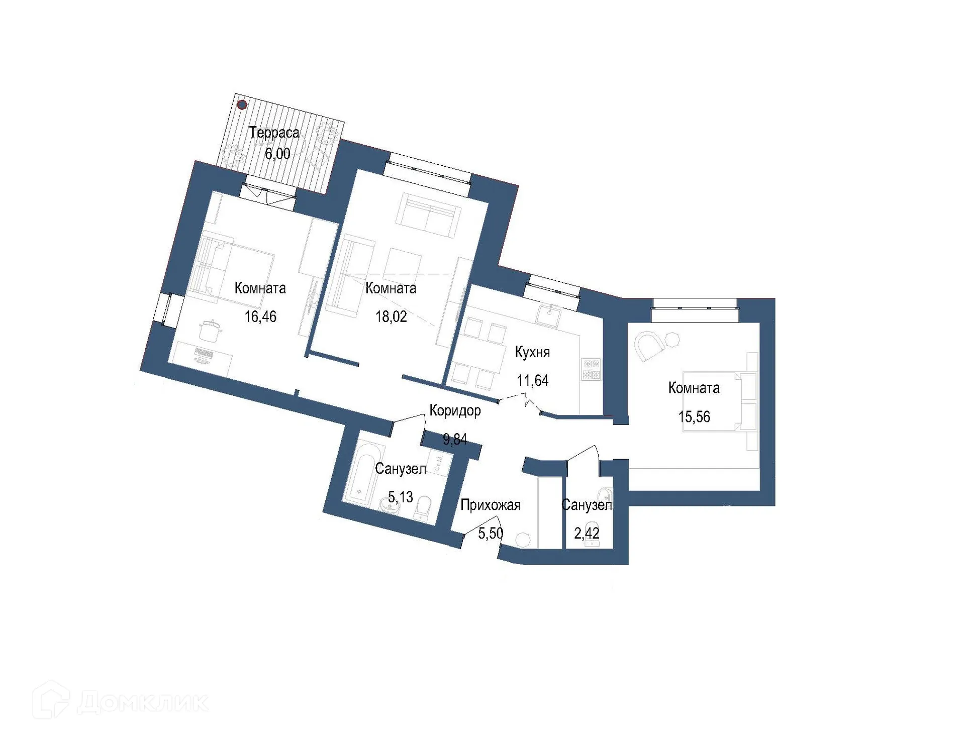 Планировка 3-комнатной квартиры 86.37 м² в ЖК на ул. Мамонтова, г. Ярославль — фото 1