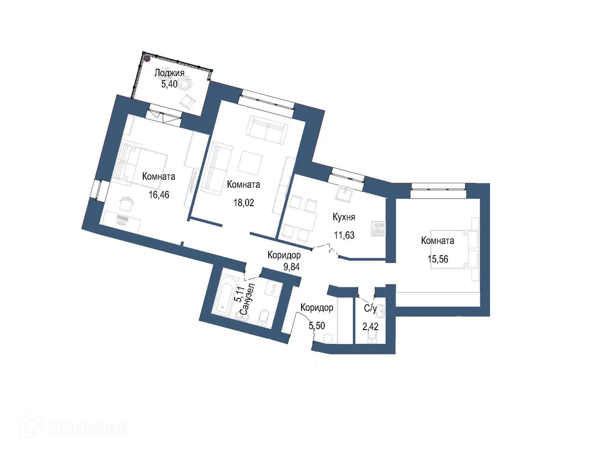 Планировка 3-комнатной квартиры 87.24 м² в ЖК на ул. Мамонтова, г. Ярославль — фото 1