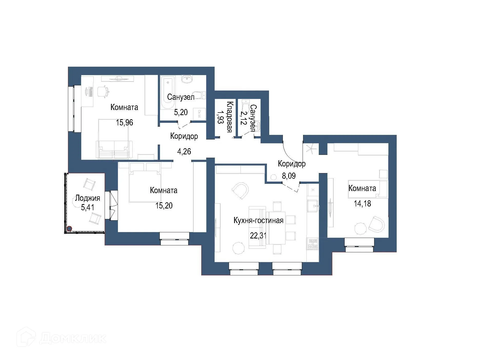 Планировка 3-комнатной квартиры 91.96 м² в ЖК на ул. Мамонтова, г. Ярославль — фото 1