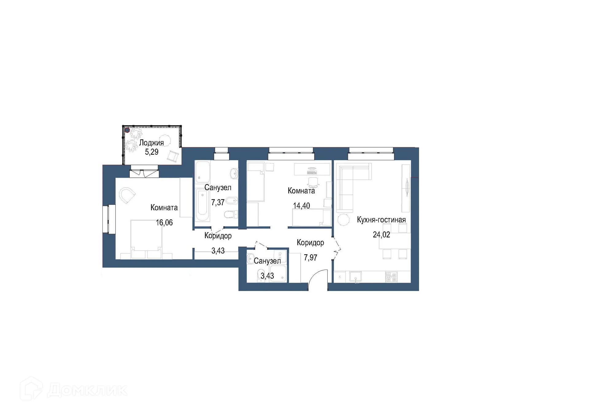 Планировка 2-комнатной квартиры 79.33 м² в ЖК на ул. Мамонтова, г. Ярославль — фото 1