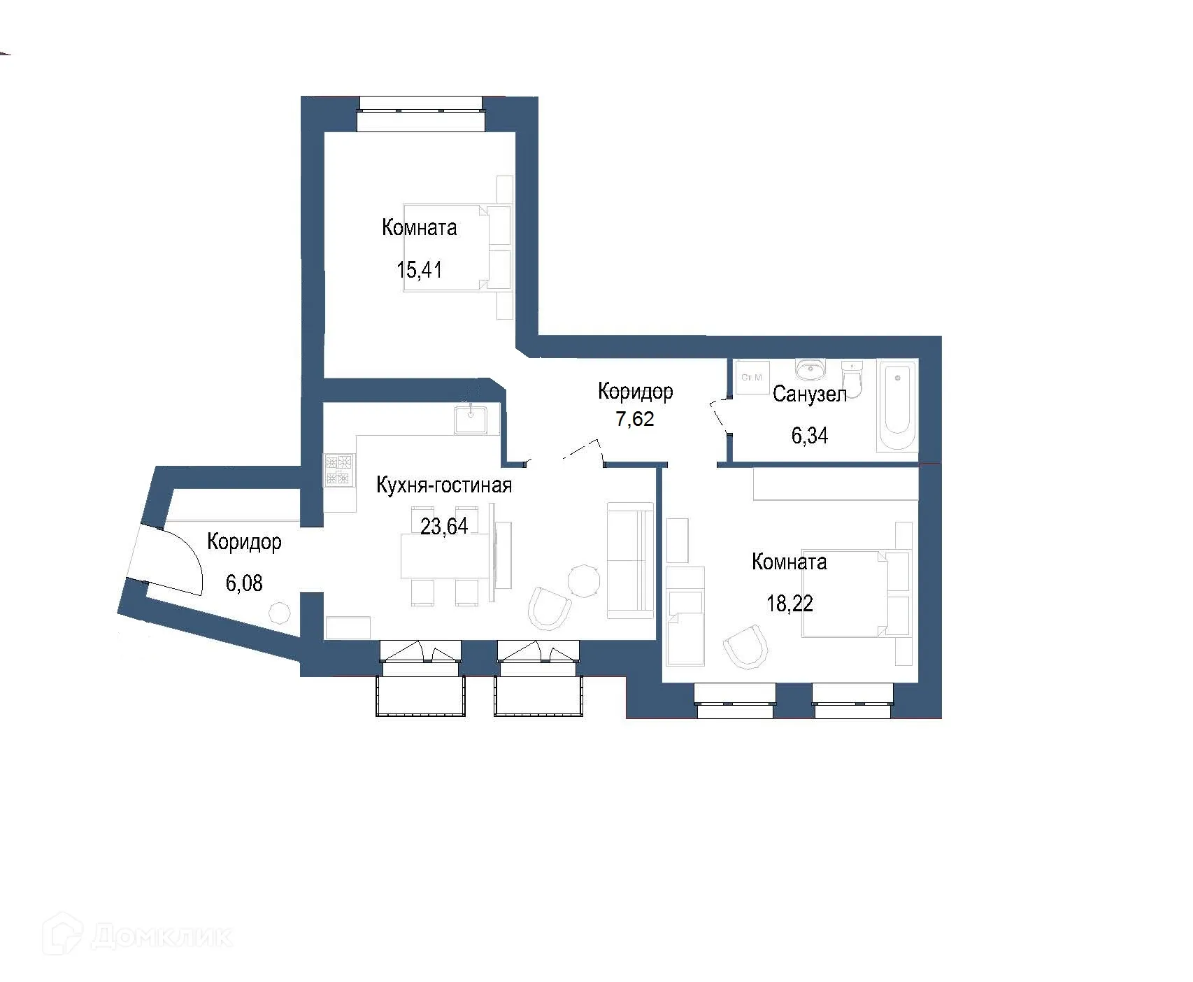 Планировка 2-комнатной квартиры 76.27 м² в ЖК на ул. Мамонтова, г. Ярославль — фото 1