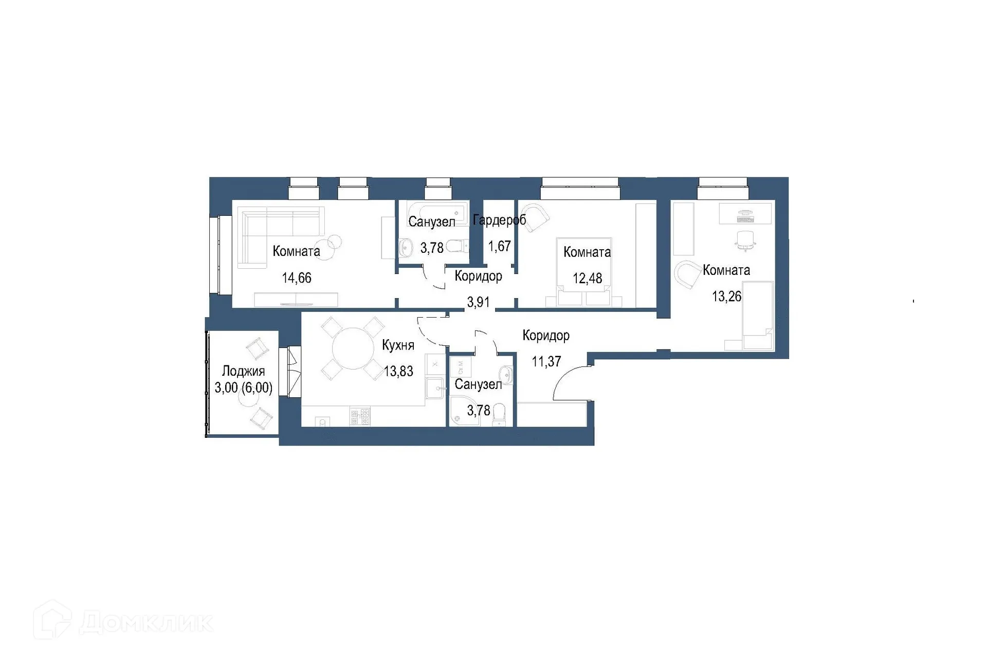 Планировка 3-комнатной квартиры 81.74 м² в ЖК на ул. Мамонтова, г. Ярославль — фото 1