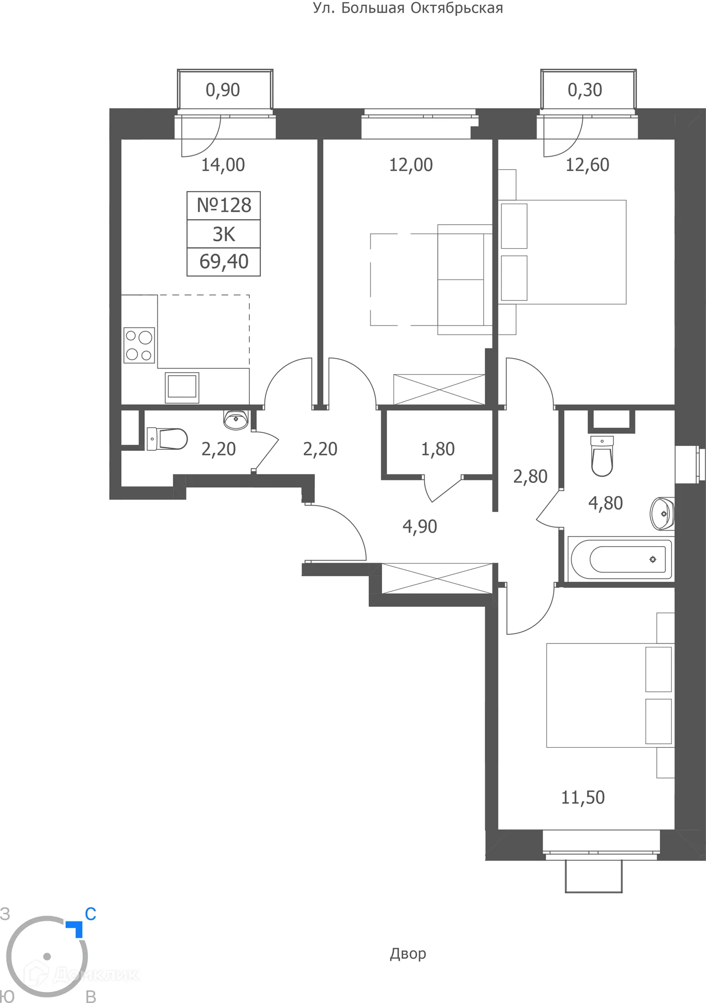 Планировка 3-комнатной квартиры 69.4 м² в ЖК ЭРА, г. Ярославль — фото 1