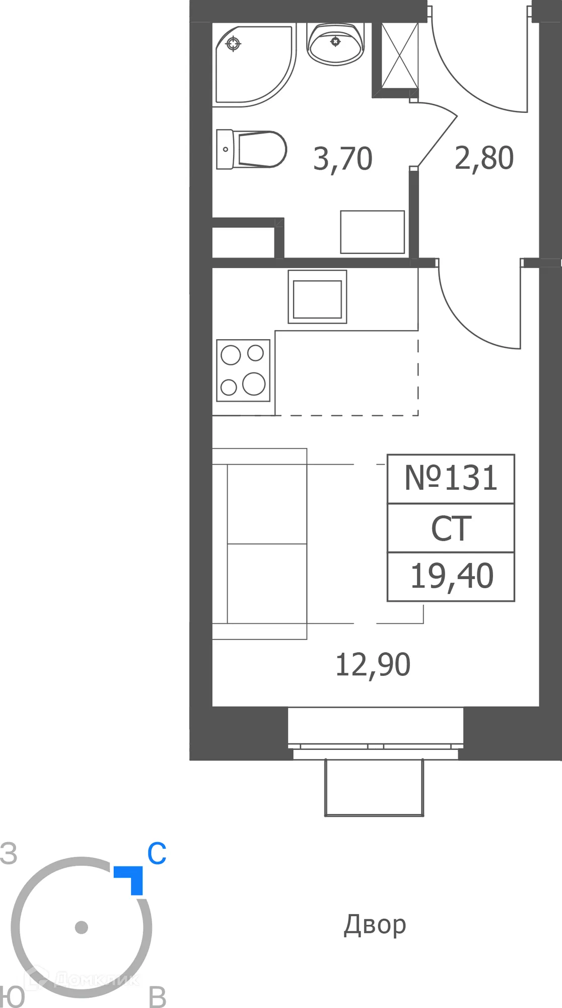 Планировка студии квартиры 19.4 м² в ЖК ЭРА, г. Ярославль — фото 1