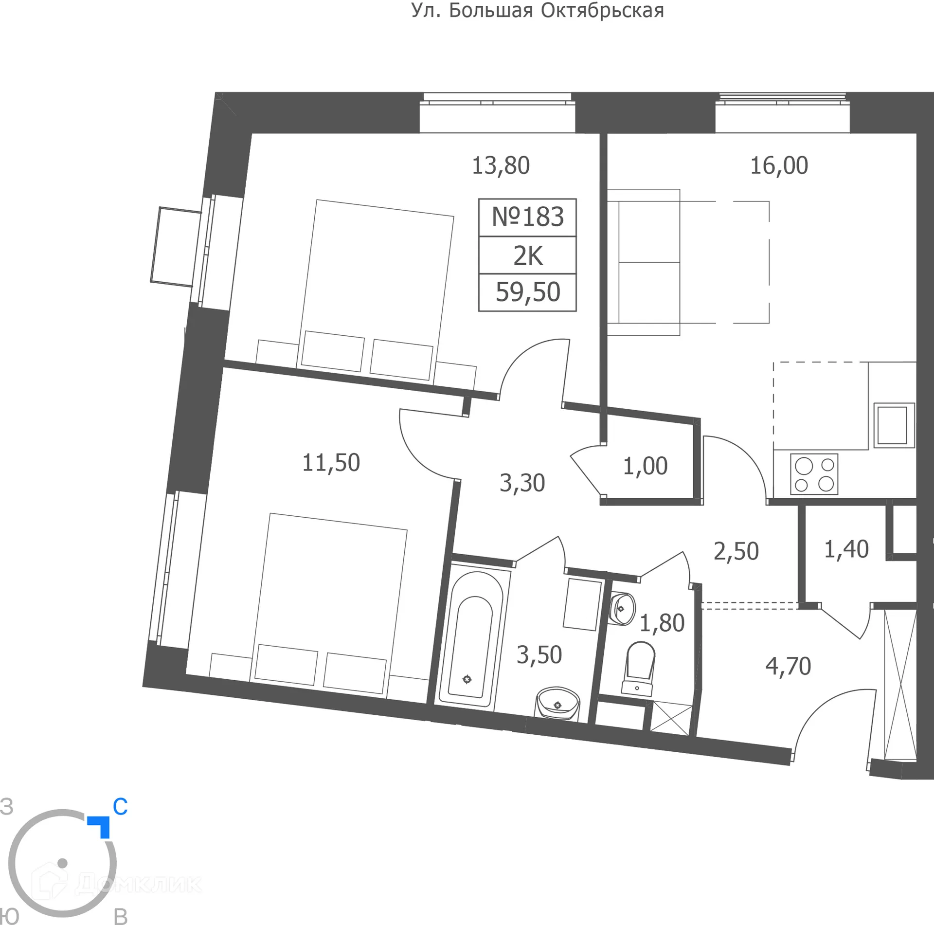 Планировка 2-комнатной квартиры 59.5 м² в ЖК ЭРА, г. Ярославль — фото 1