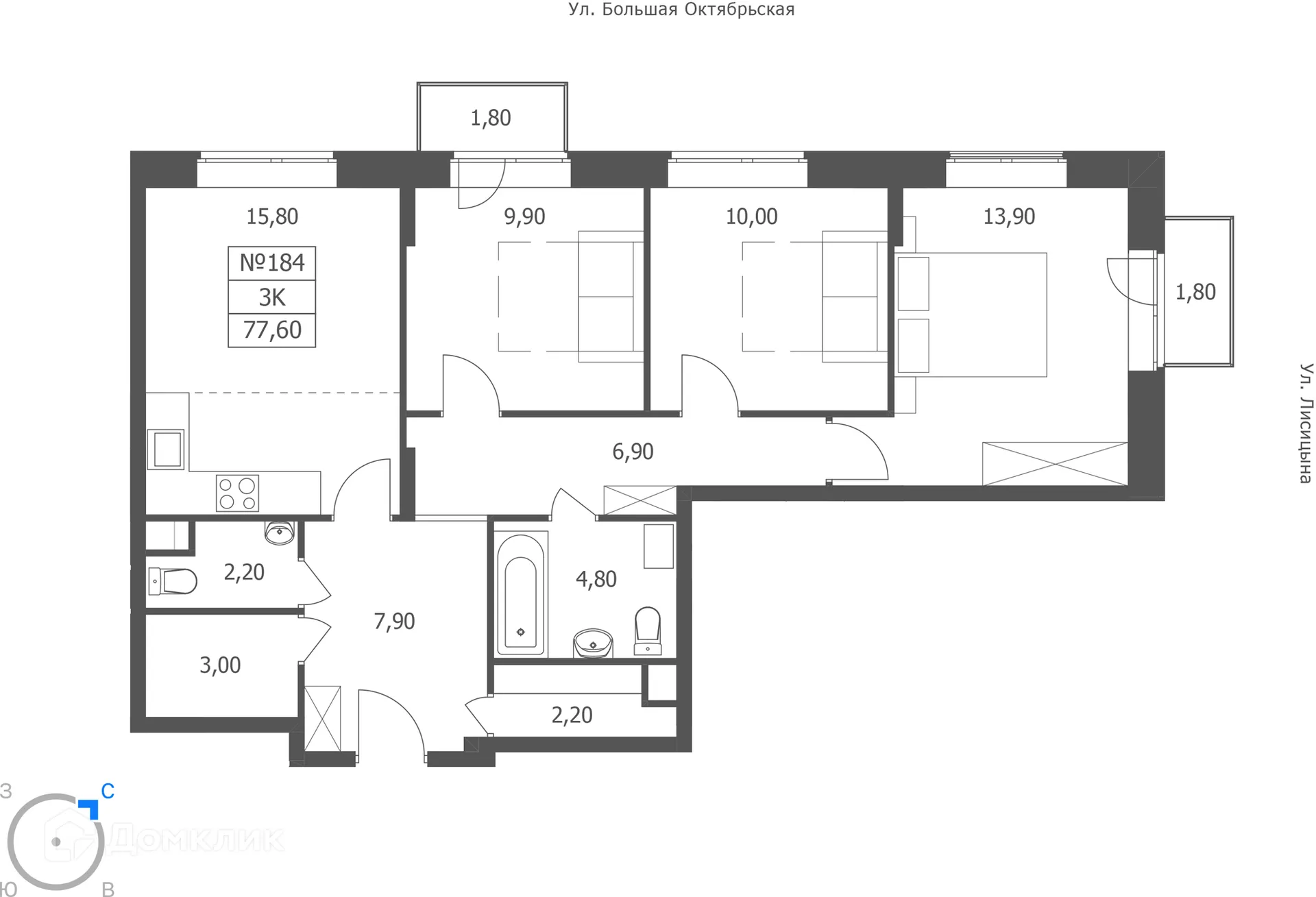 Планировка 3-комнатной квартиры 77.6 м² в ЖК ЭРА, г. Ярославль — фото 1