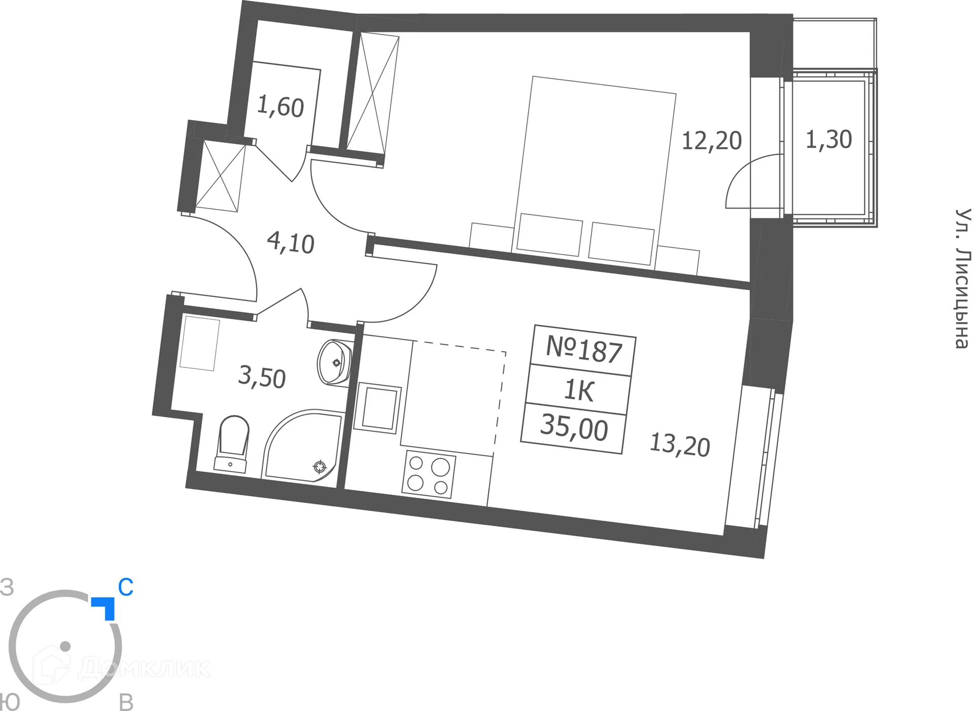 Планировка 1-комнатной квартиры 35 м² в ЖК ЭРА, г. Ярославль — фото 1