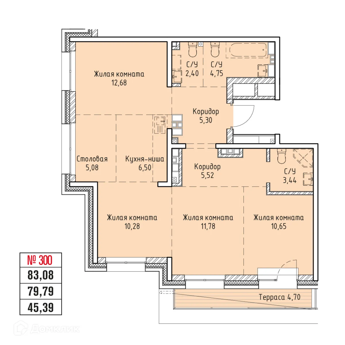 Планировка 4-комнатной квартиры 83.08 м² в ЖК СТРИЖИ СИТИ, г. Иркутск — фото 1