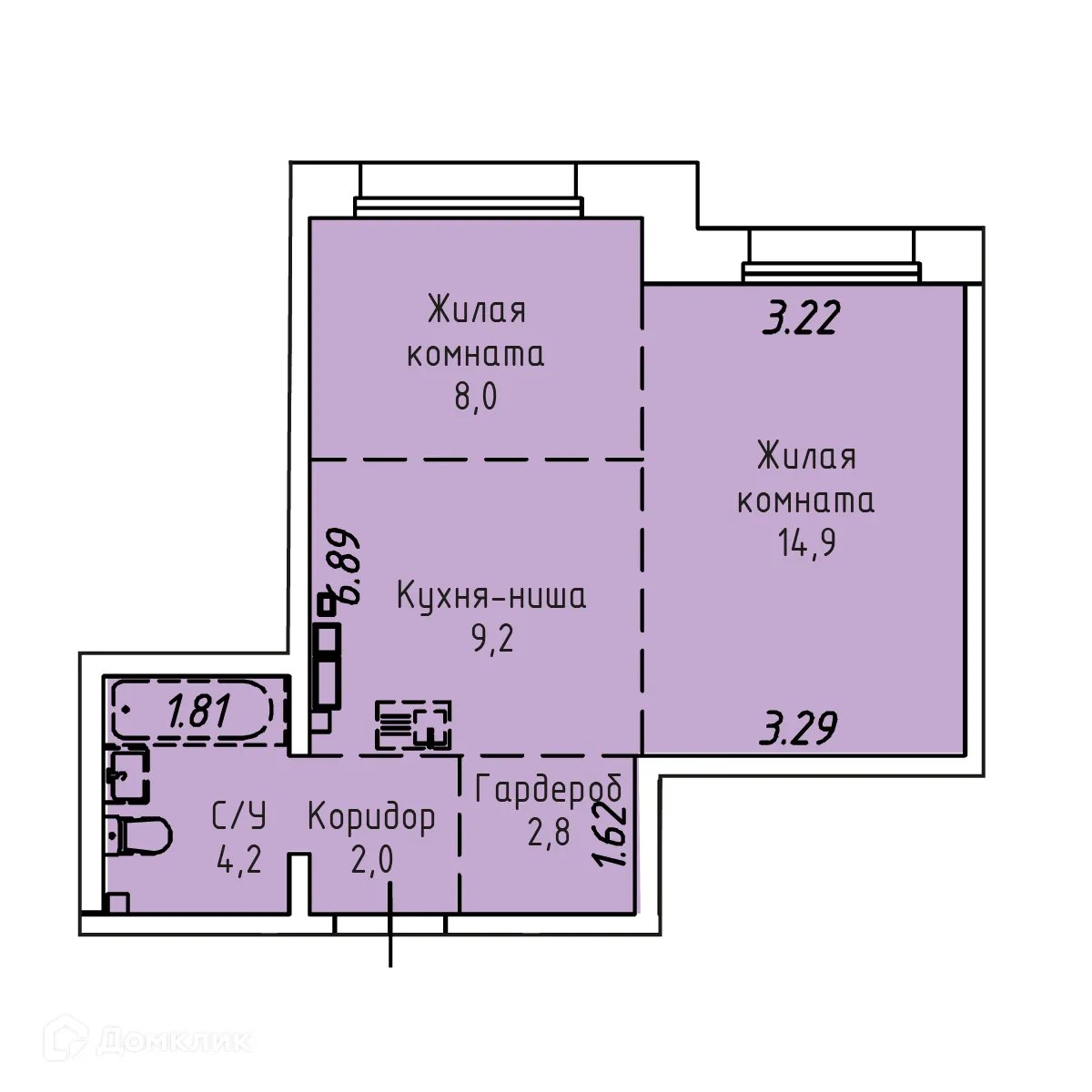 Планировка 2-комнатной квартиры 41.1 м² в ЖК СТРИЖИ СИТИ, г. Иркутск — фото 1
