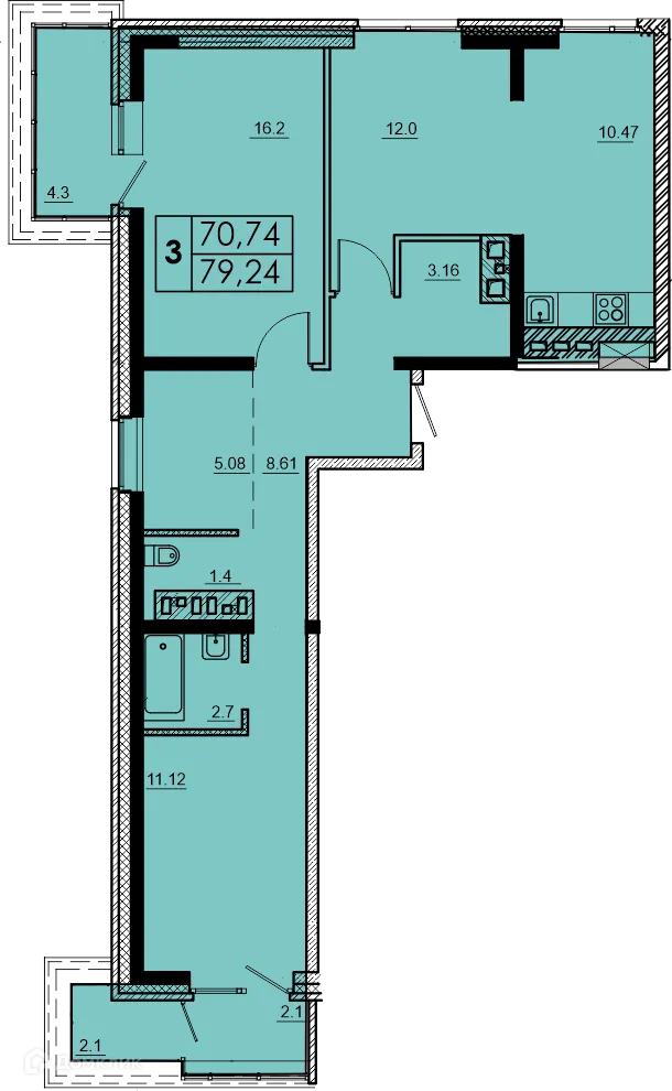 Планировка 3-комнатной квартиры 79.24 м² в ЖК МЕГА, г. Иркутск — фото 1