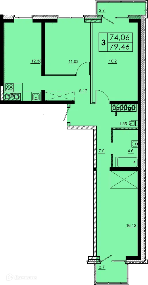 Планировка 3-комнатной квартиры 79.46 м² в ЖК МЕГА, г. Иркутск — фото 1