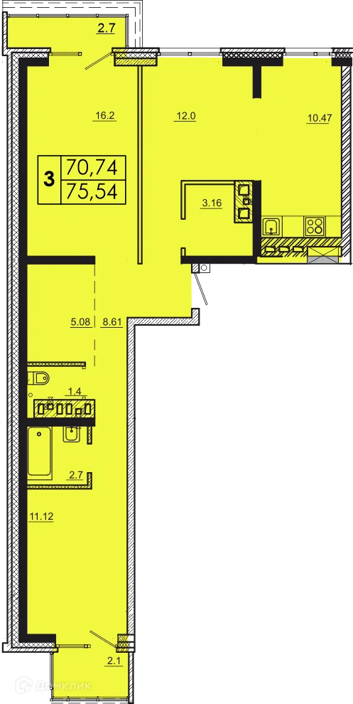 Планировка 3-комнатной квартиры 75.54 м² в ЖК МЕГА, г. Иркутск — фото 1