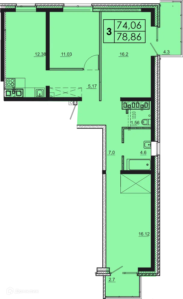 Планировка 3-комнатной квартиры 81.06 м² в ЖК МЕГА, г. Иркутск — фото 1