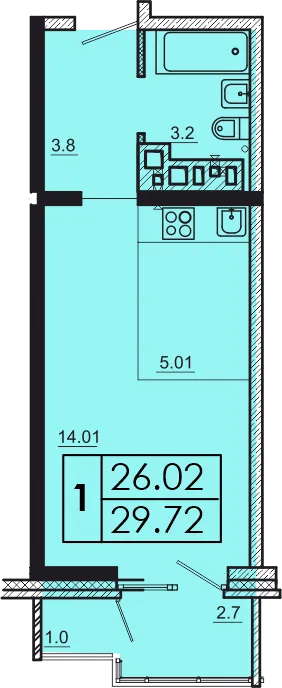Планировка 1-комнатной квартиры 29.72 м² в ЖК МЕГА, г. Иркутск — фото 1