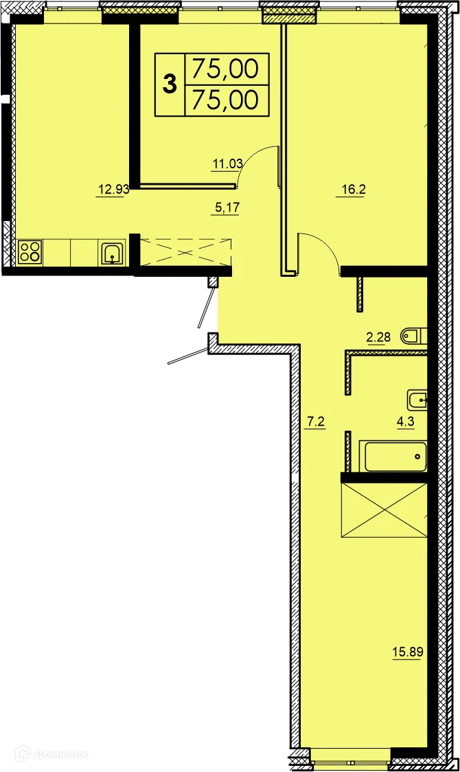 Планировка 3-комнатной квартиры 75 м² в ЖК МЕГА, г. Иркутск — фото 1