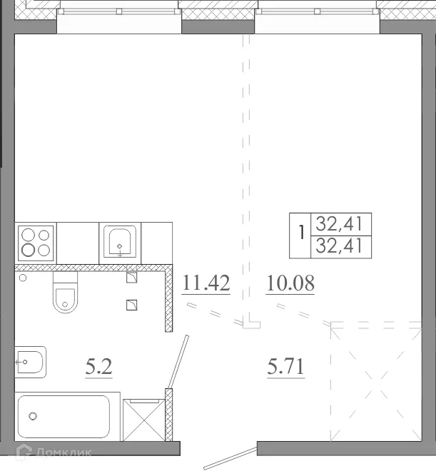 Планировка 1-комнатной квартиры 32.41 м² в ЖК МЕГА, г. Иркутск — фото 2