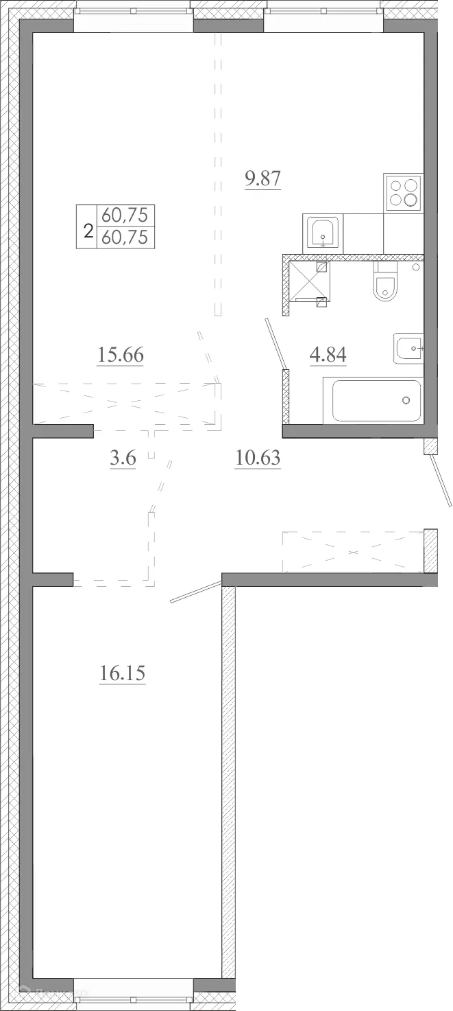 Планировка 2-комнатной квартиры 60.75 м² в ЖК МЕГА, г. Иркутск — фото 2