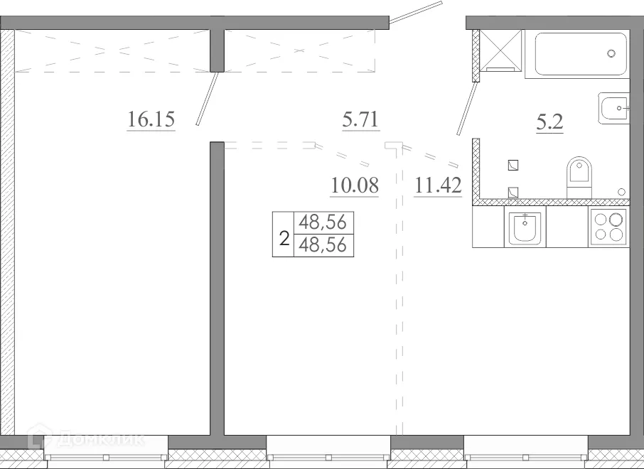 Планировка 2-комнатной квартиры 48.56 м² в ЖК МЕГА, г. Иркутск — фото 2