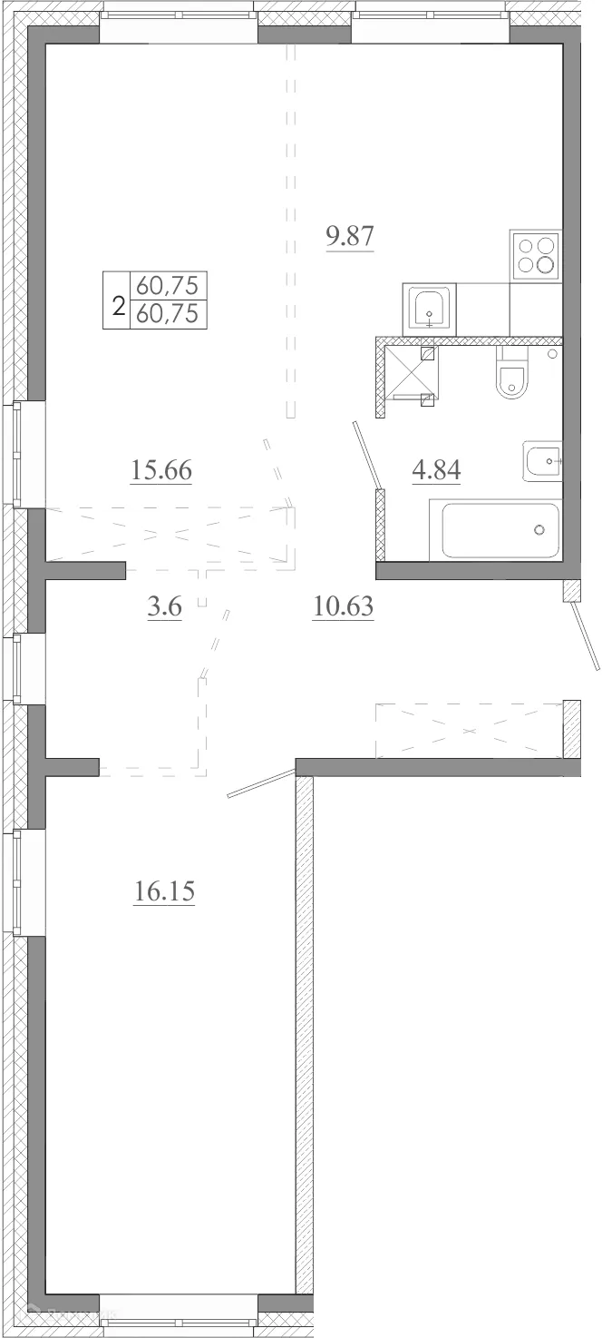 Планировка 2-комнатной квартиры 60.75 м² в ЖК МЕГА, г. Иркутск — фото 2
