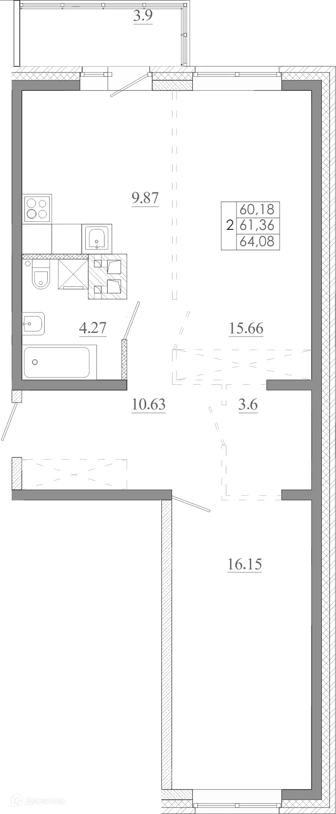 Планировка 2-комнатной квартиры 64.08 м² в ЖК МЕГА, г. Иркутск — фото 2