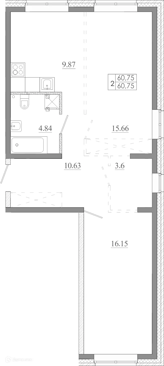 Планировка 2-комнатной квартиры 60.75 м² в ЖК МЕГА, г. Иркутск — фото 2