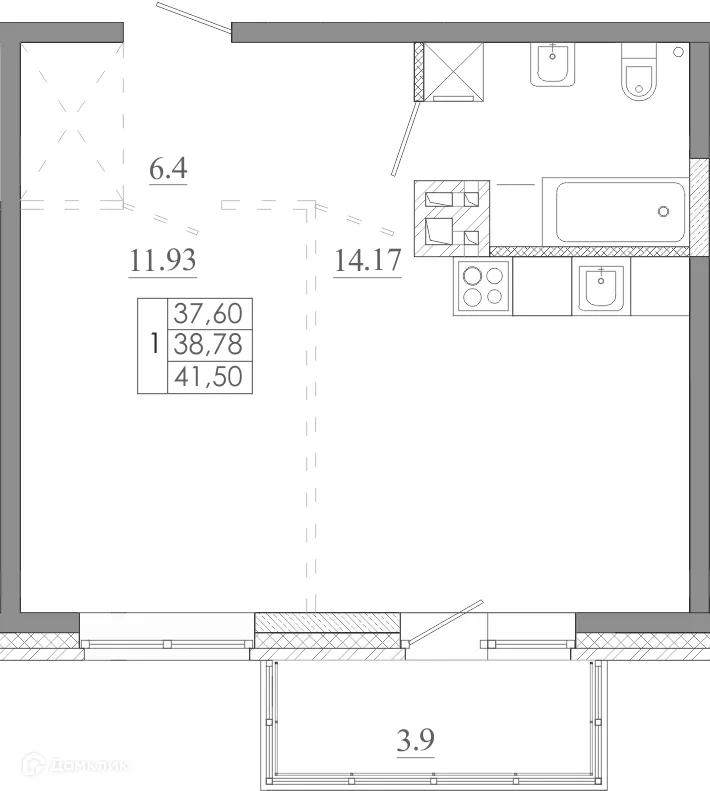 Планировка 1-комнатной квартиры 41.5 м² в ЖК МЕГА, г. Иркутск — фото 2