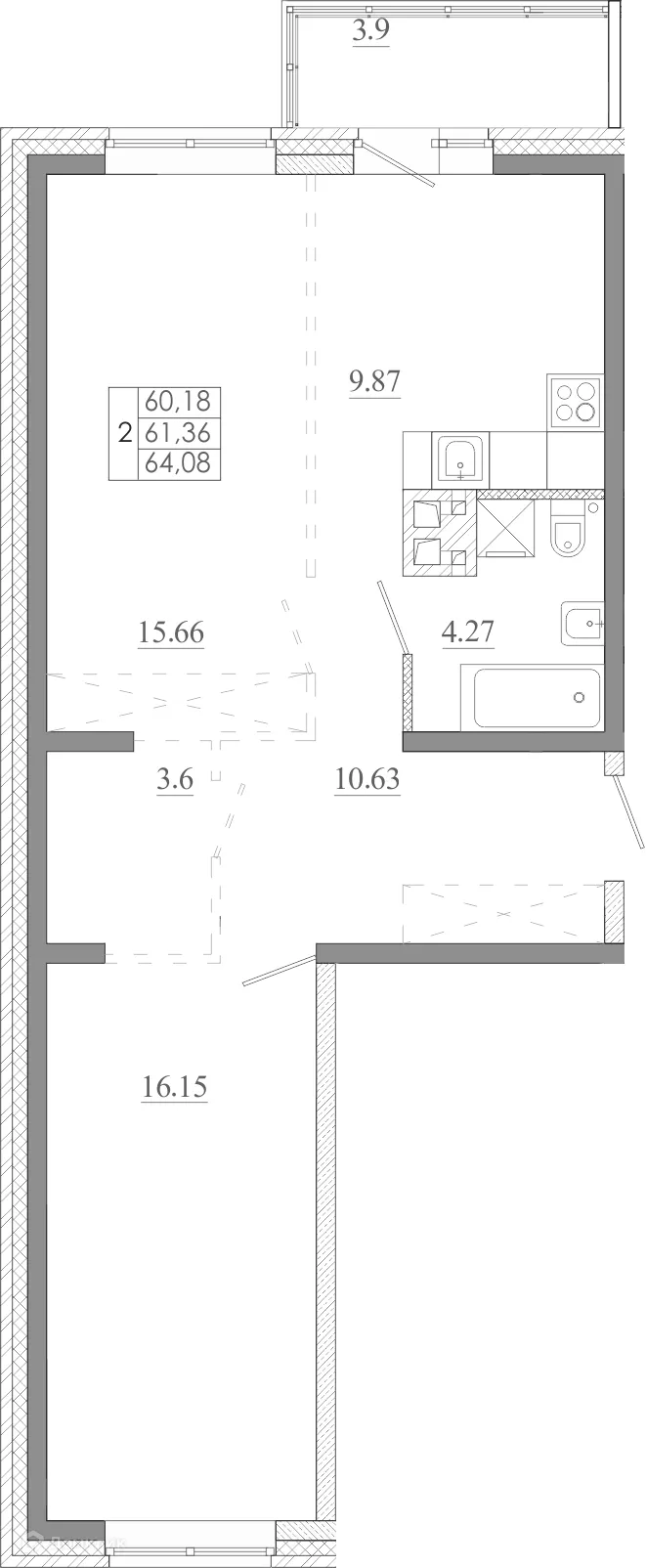 Планировка 2-комнатной квартиры 64.08 м² в ЖК МЕГА, г. Иркутск — фото 2