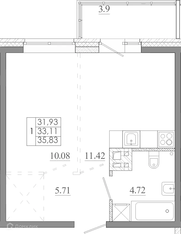 Планировка 1-комнатной квартиры 35.83 м² в ЖК МЕГА, г. Иркутск — фото 2
