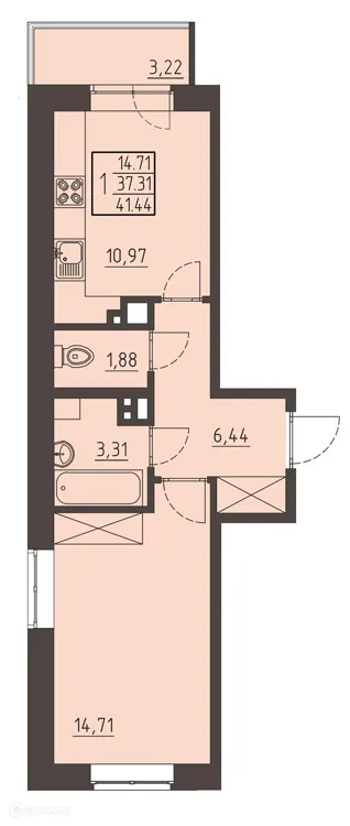 Планировка 1-комнатной квартиры 41.8 м² в ЖК Очаг, г. Иркутск — фото 1
