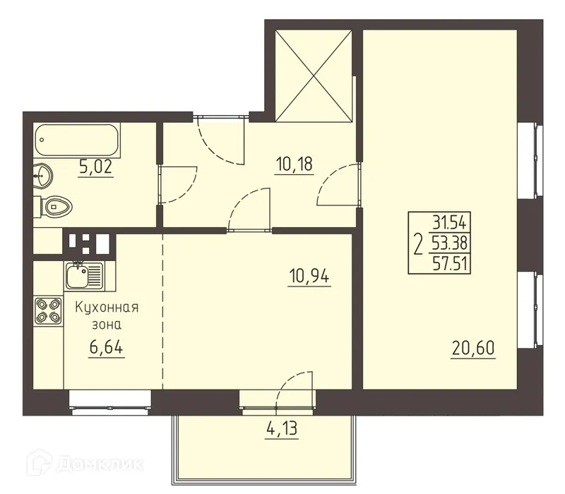 Планировка 2-комнатной квартиры 65.4 м² в ЖК Очаг, г. Иркутск — фото 1