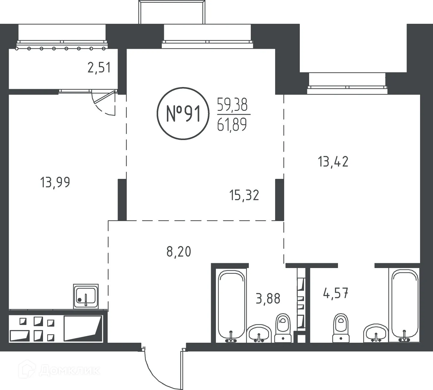 Планировка 2-комнатной квартиры 61.89 м² в ЖК "СОЮЗ PRIORITY"(Союз Приорити), г. Иркутск — фото 1