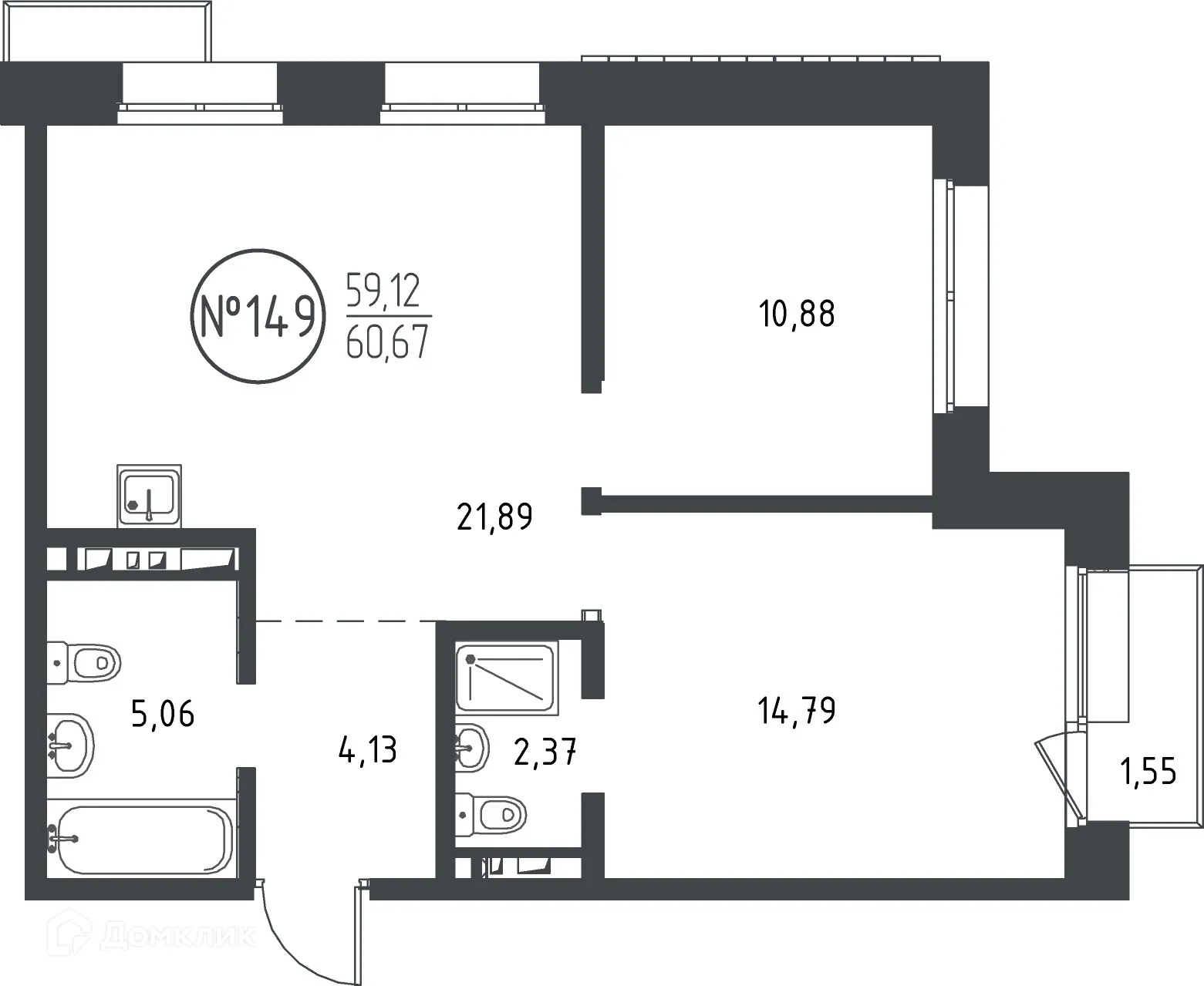 Планировка 2-комнатной квартиры 60.67 м² в ЖК "СОЮЗ PRIORITY"(Союз Приорити), г. Иркутск — фото 1