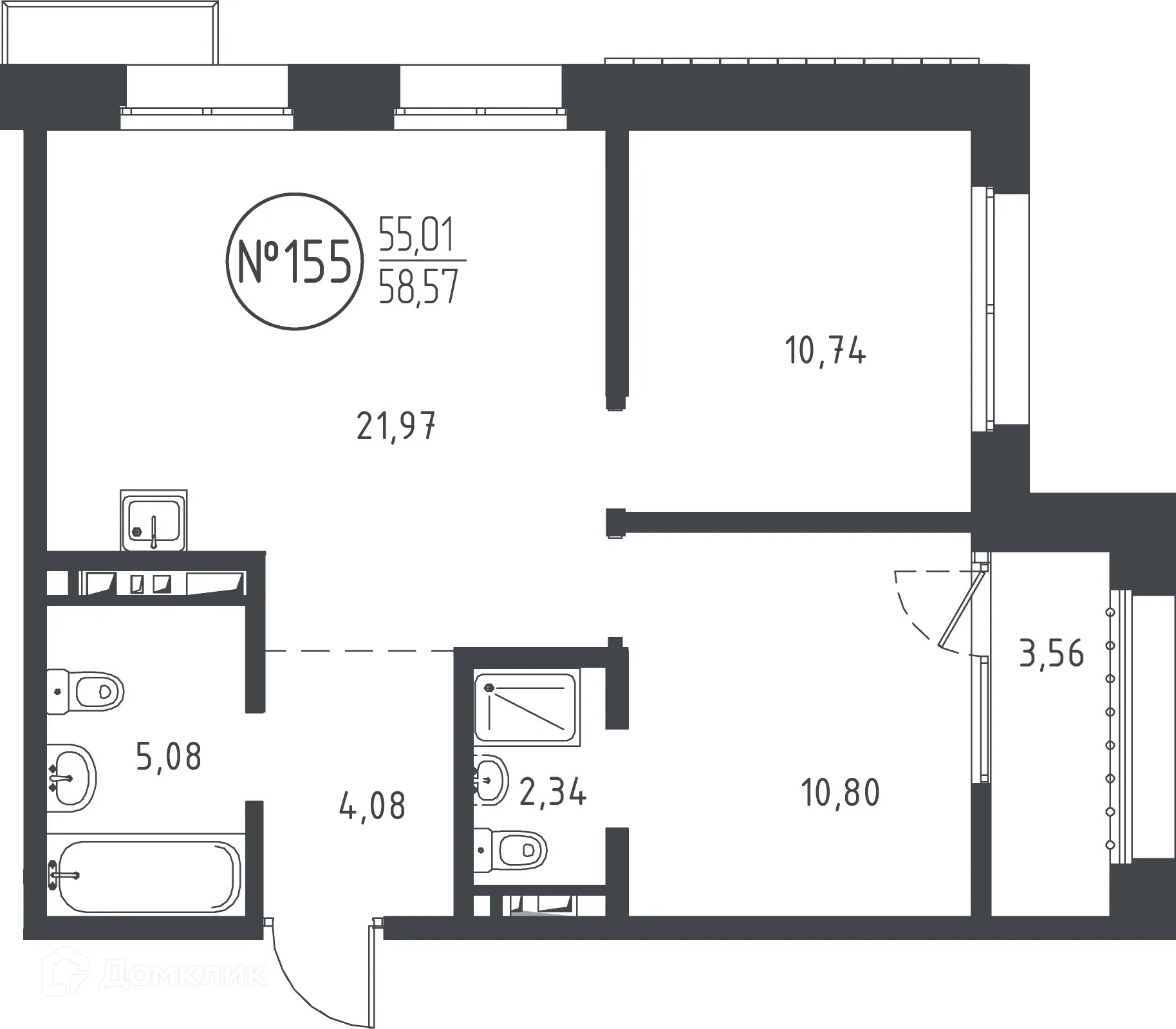 Планировка 2-комнатной квартиры 58.57 м² в ЖК "СОЮЗ PRIORITY"(Союз Приорити), г. Иркутск — фото 1