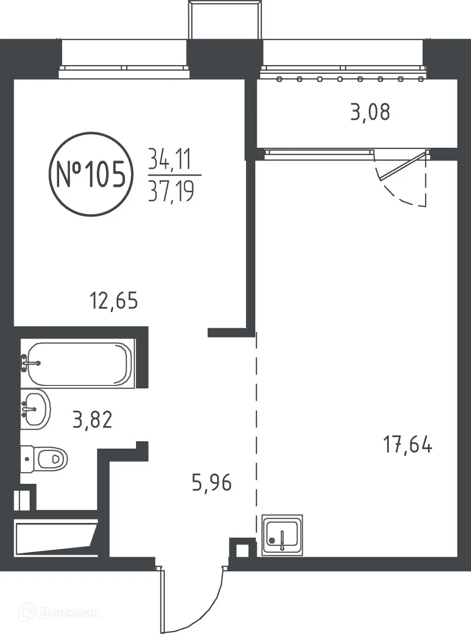 Планировка 1-комнатной квартиры 43.15 м² в ЖК "СОЮЗ PRIORITY"(Союз Приорити), г. Иркутск — фото 1