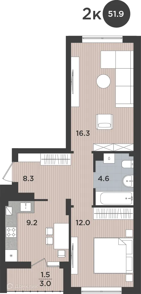 Планировка 2-комнатной квартиры 51.9 м² в ЖК "ЛЕВАДА", г. Калининград — фото 1