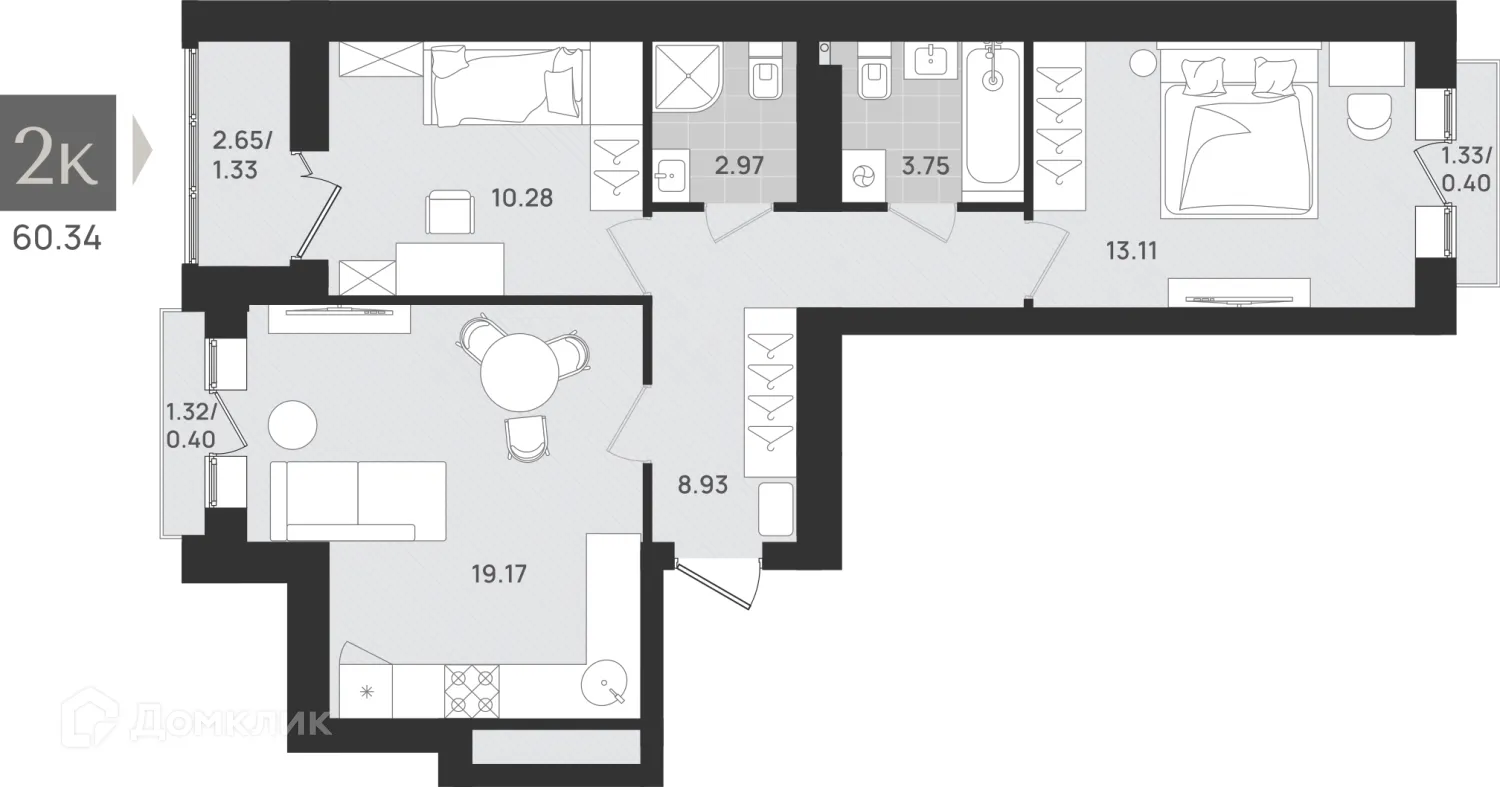 Планировка 2-комнатной квартиры 60.34 м² в ЖК Этюд, г. Калининград — фото 1