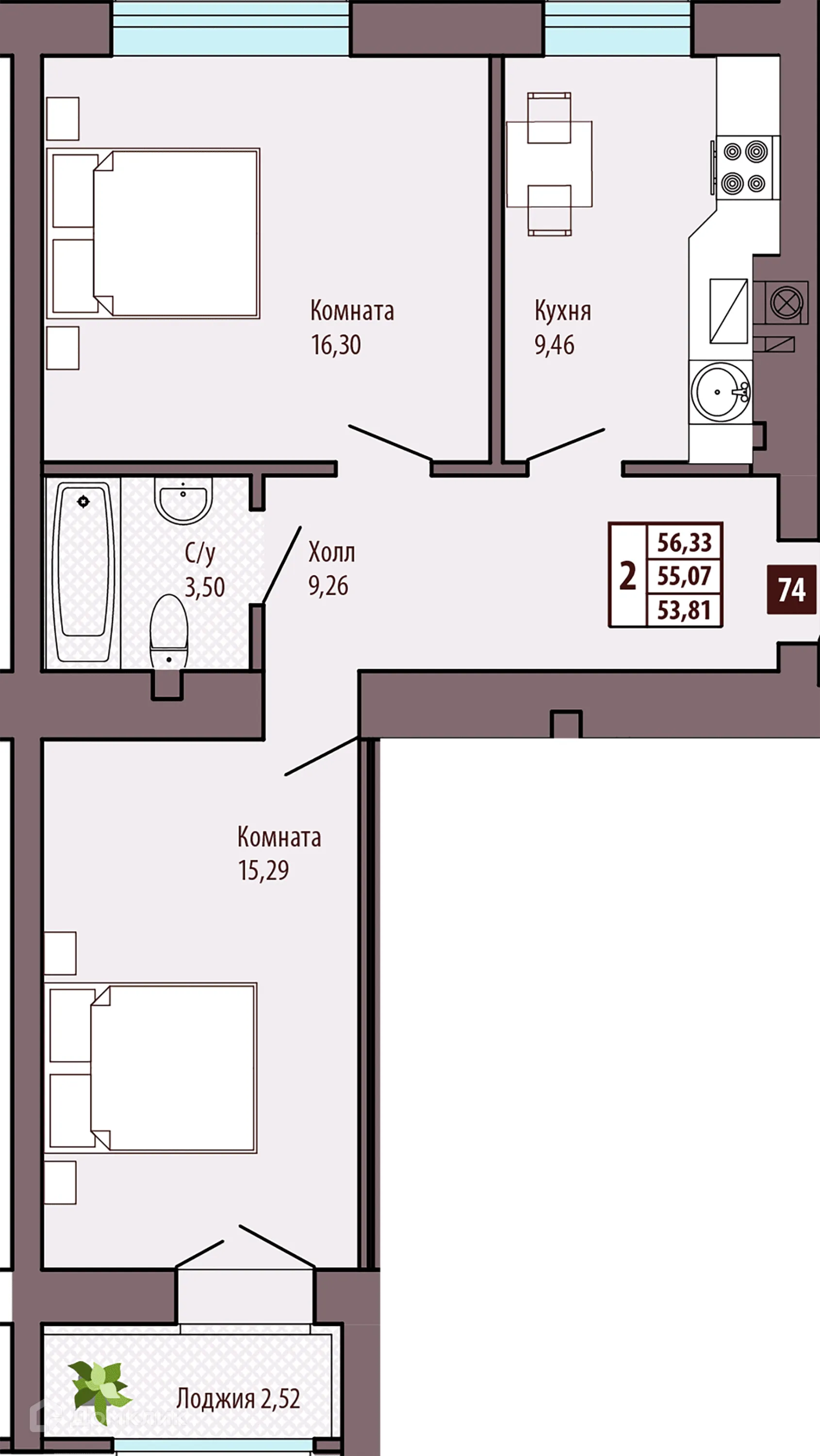 Планировка 2-комнатной квартиры 55.4 м² в ЖК "Уютный", г. Калининград — фото 1