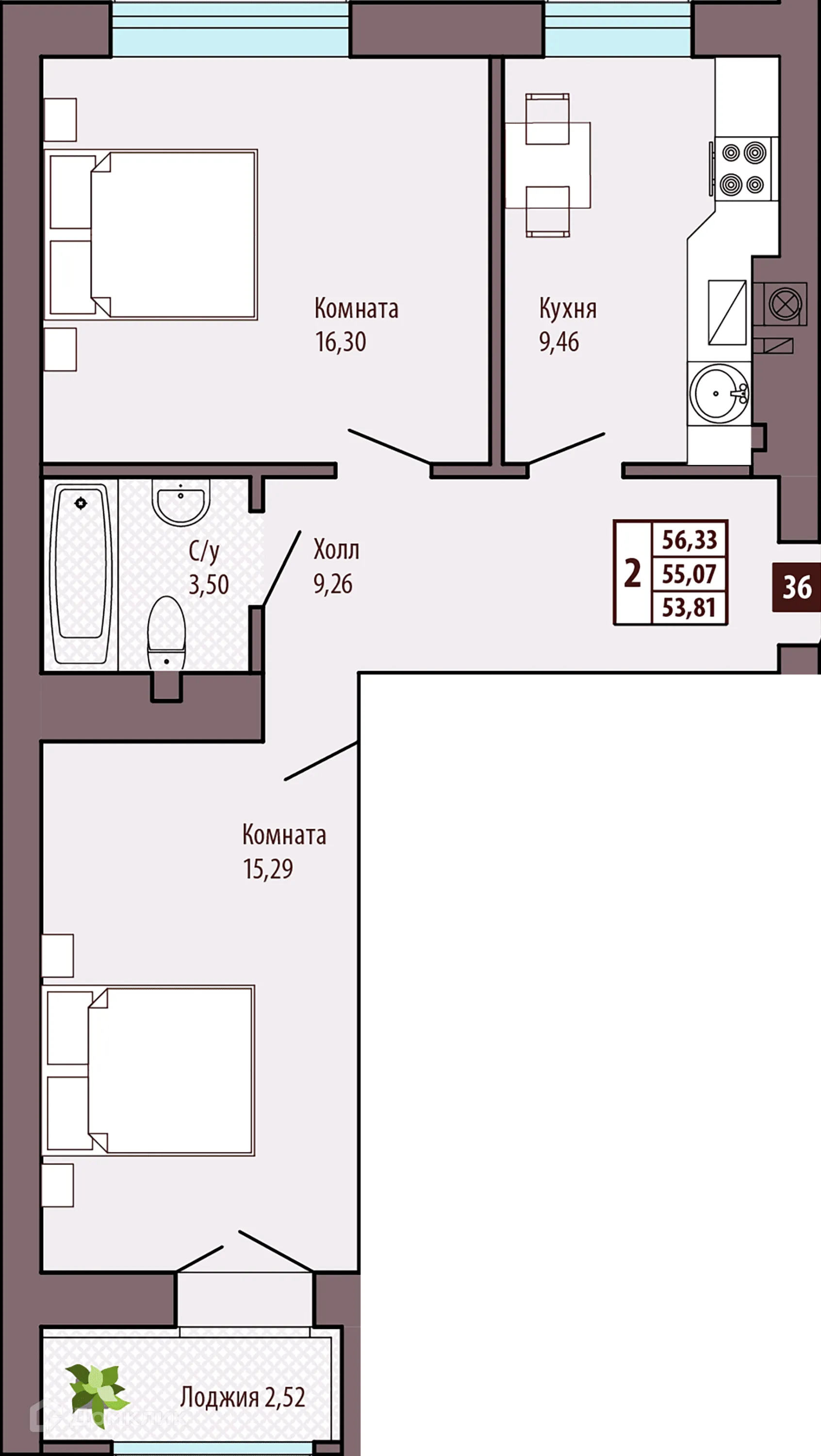 Планировка 2-комнатной квартиры 55.3 м² в ЖК "Уютный", г. Калининград — фото 1