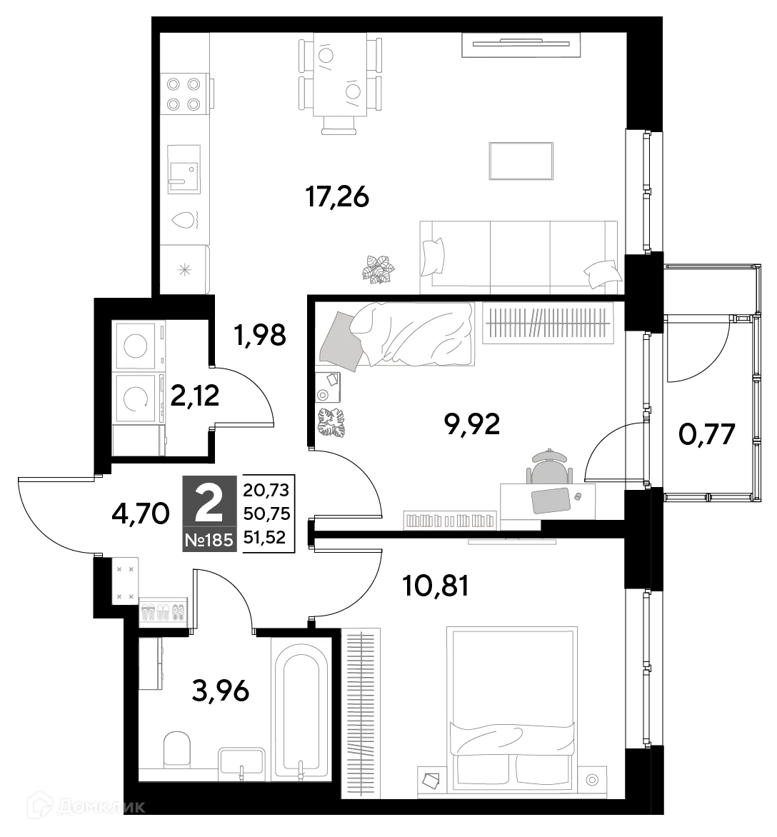Планировка 2-комнатной квартиры 51.52 м² в ЖК Космопарк, г. Калуга — фото 1