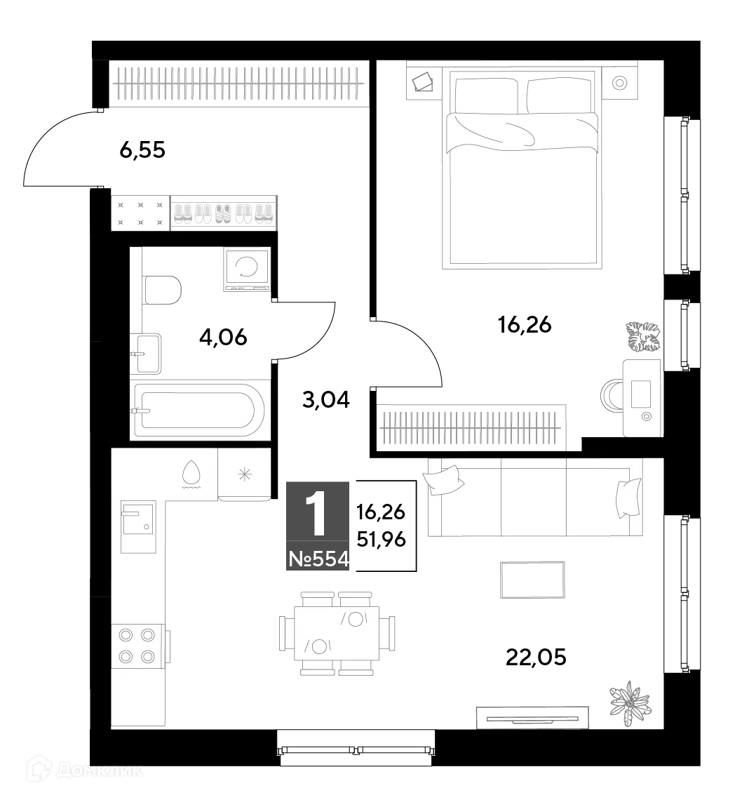 Планировка 1-комнатной квартиры 51.96 м² в ЖК Космопарк, г. Калуга — фото 1