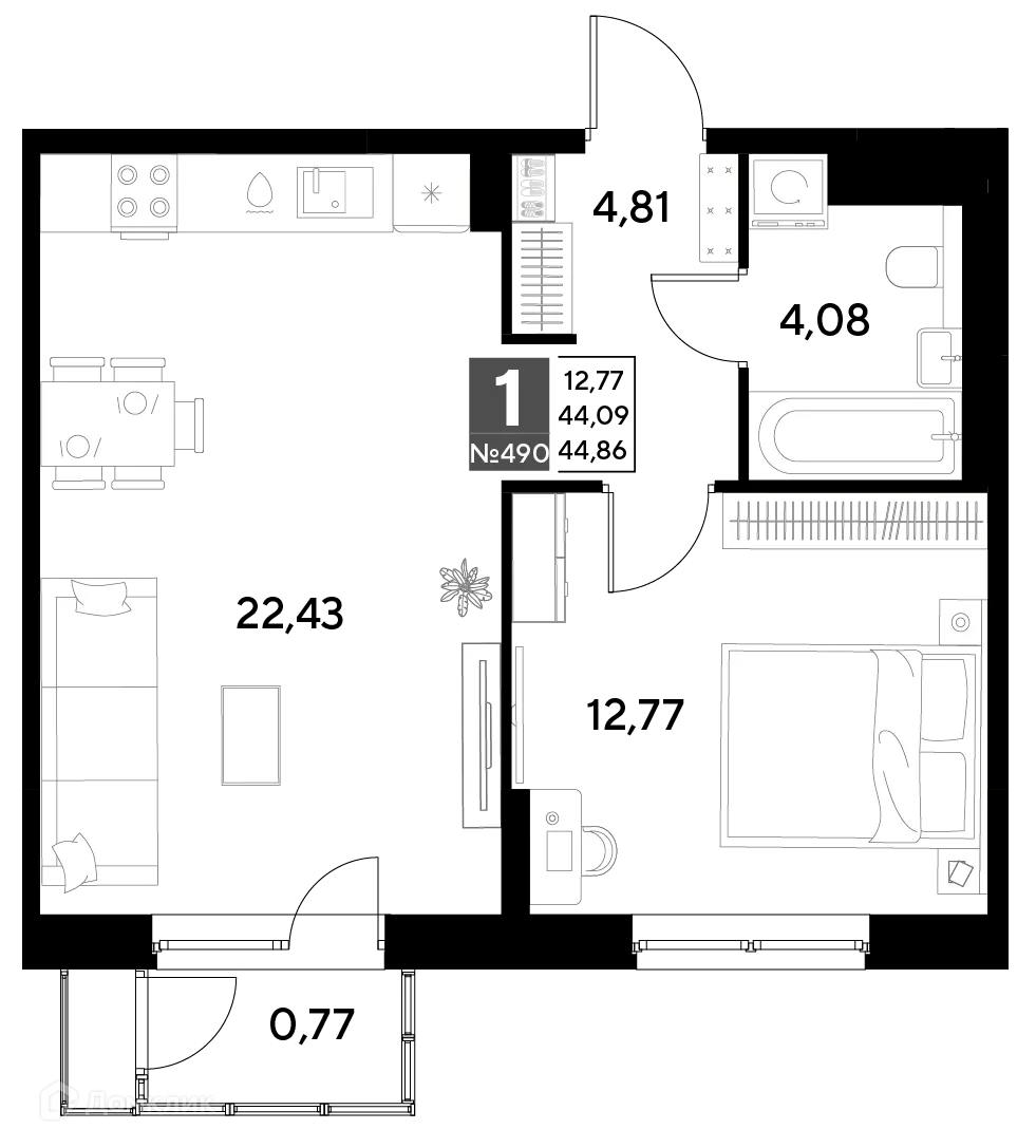 Планировка 1-комнатной квартиры 44.86 м² в ЖК Космопарк, г. Калуга — фото 1