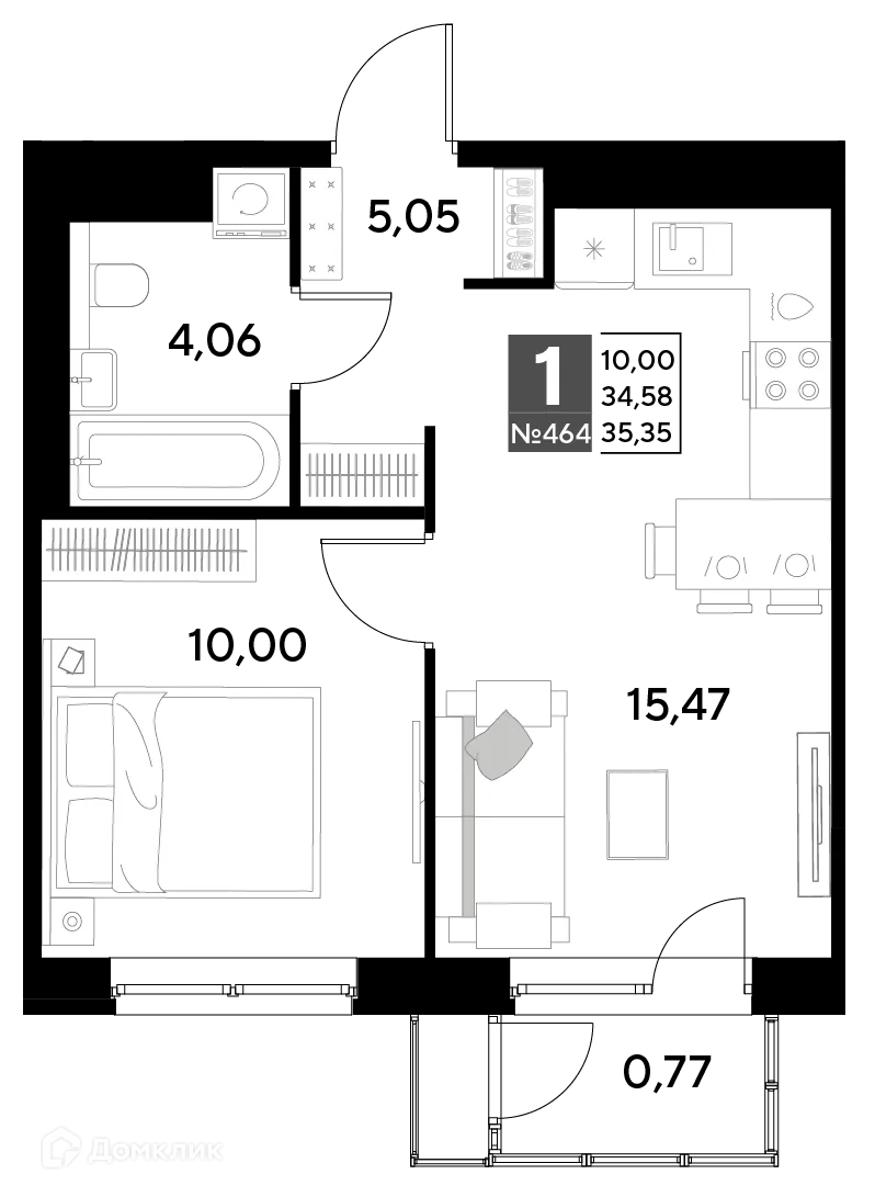 Планировка 1-комнатной квартиры 35.35 м² в ЖК Космопарк, г. Калуга — фото 1