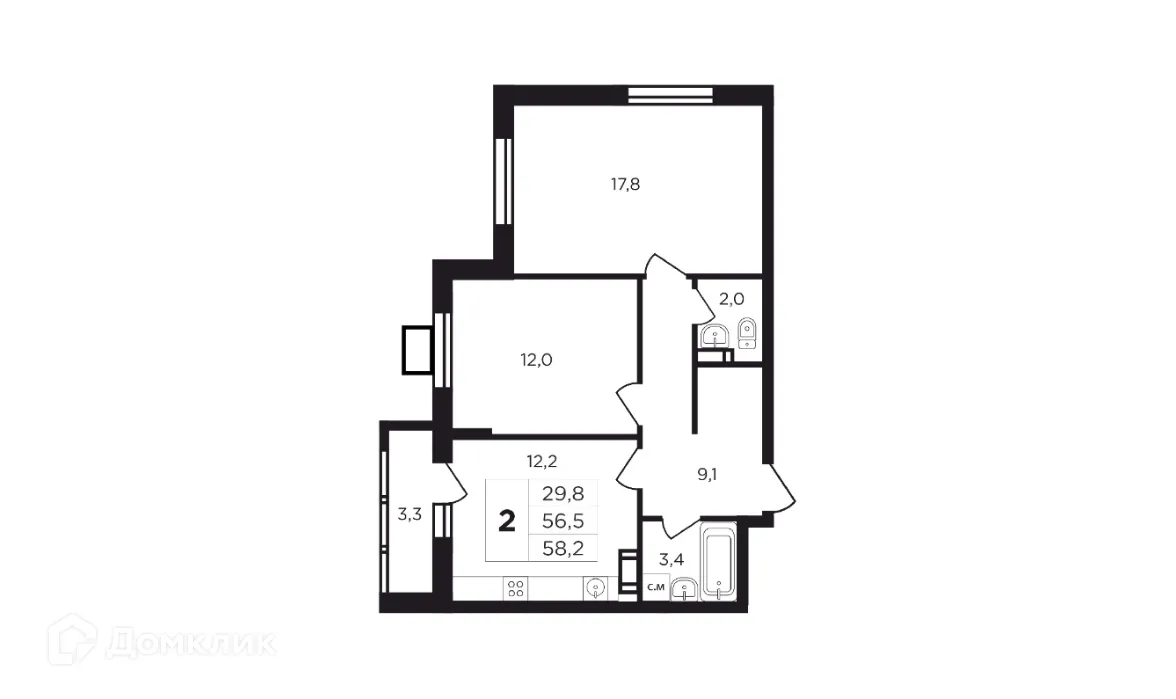Планировка 2-комнатной квартиры 59.9 м² в ЖК "Соседи", г. Калуга — фото 1