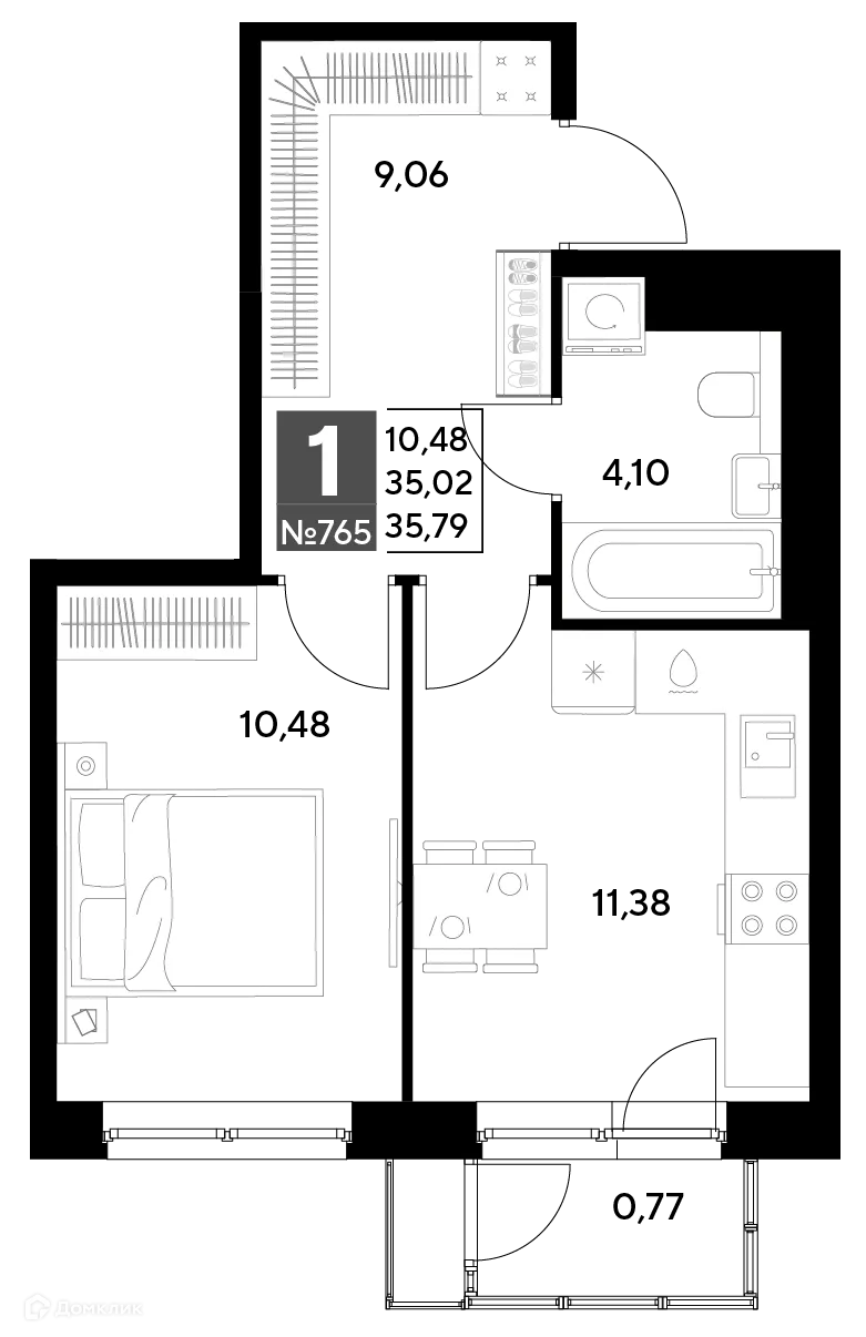 Планировка 1-комнатной квартиры 35.79 м² в ЖК Космопарк, г. Калуга — фото 1
