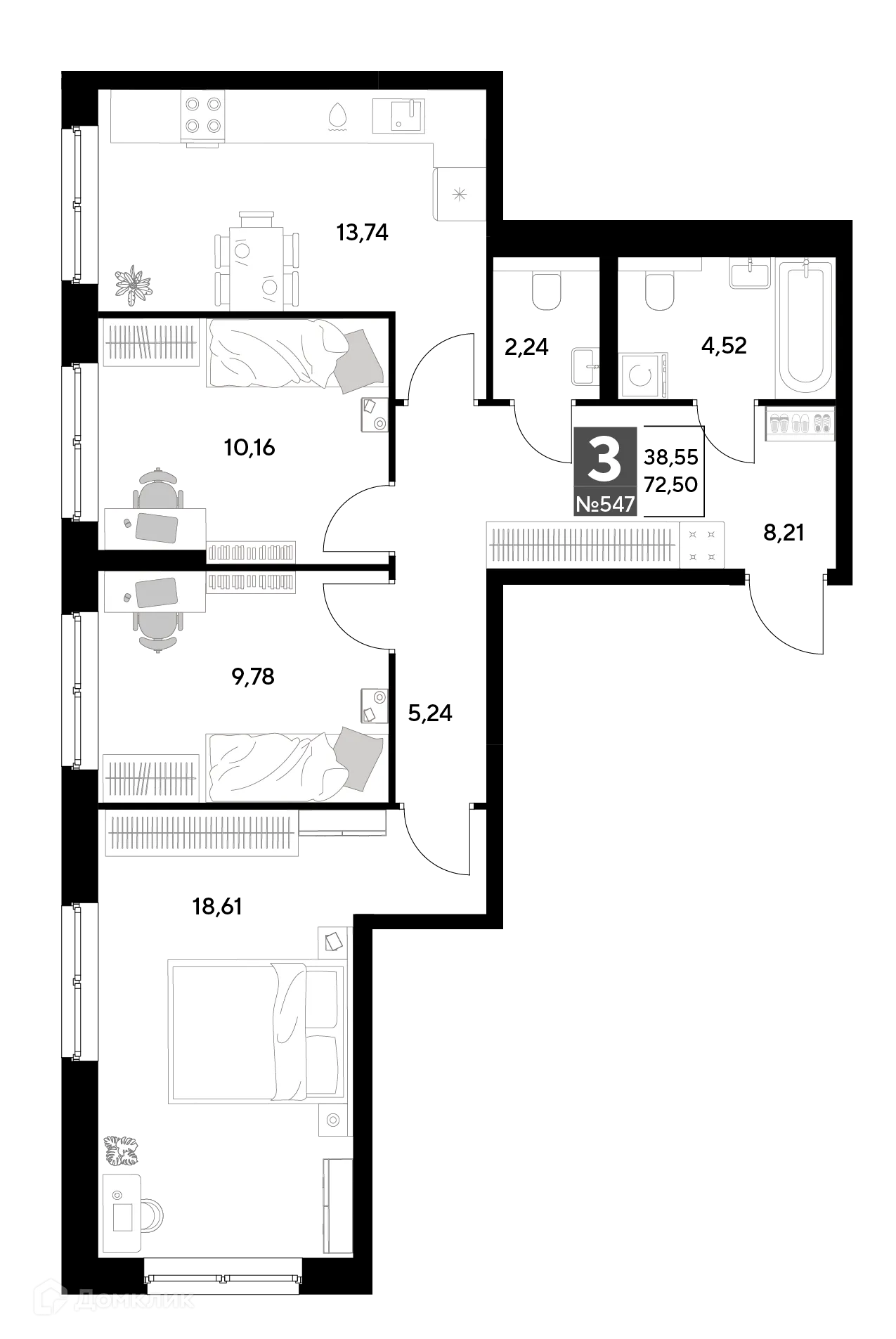 Планировка 3-комнатной квартиры 72.5 м² в ЖК Космопарк, г. Калуга — фото 1