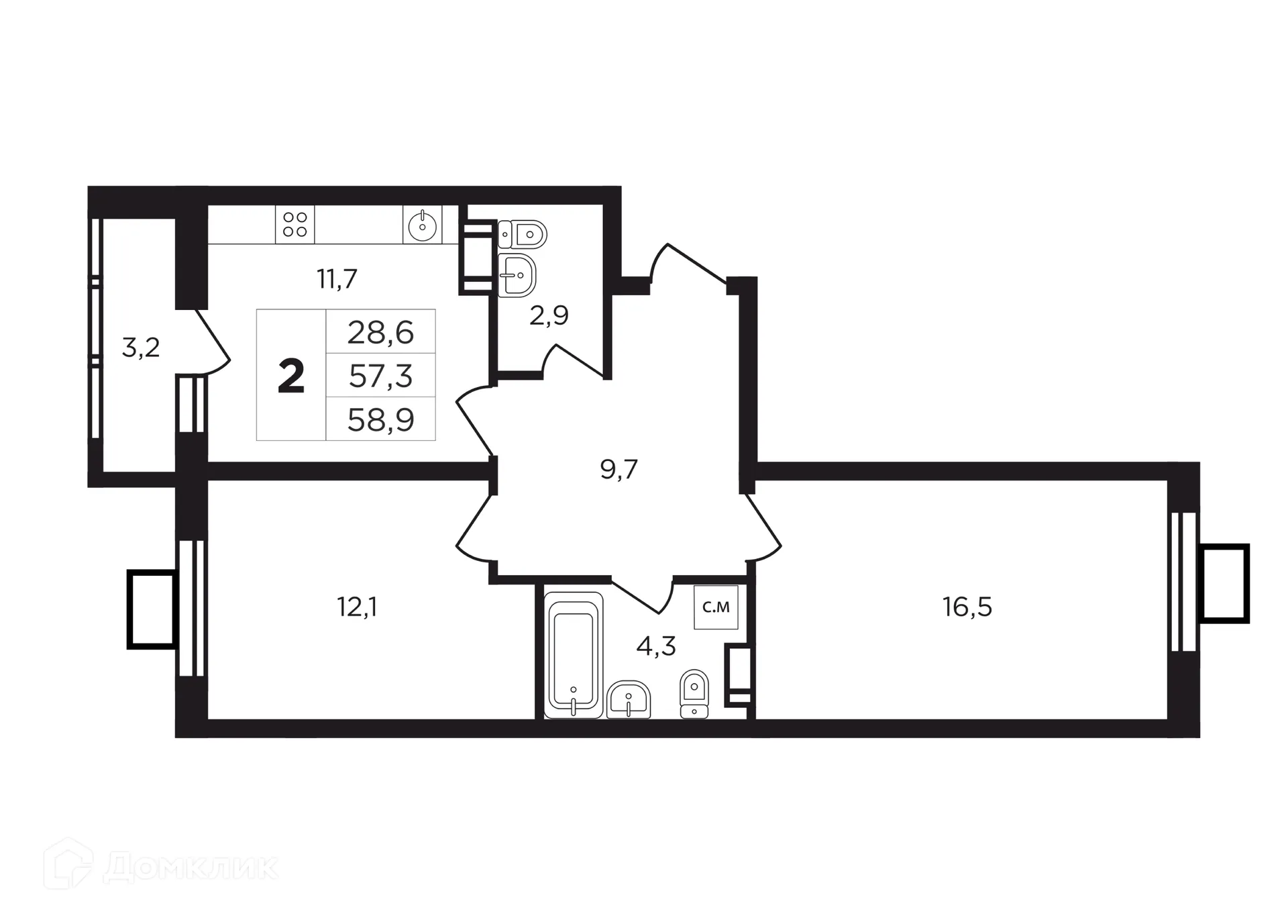 Планировка 2-комнатной квартиры 60.9 м² в ЖК "Соседи", г. Калуга — фото 1